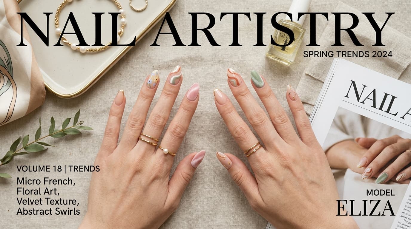 Manicured hands showing micro French tips, floral accents, and abstract swirls